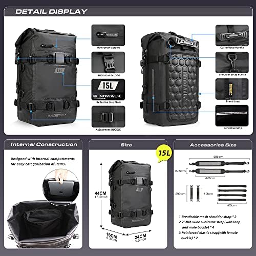 Rhinowalk Motorcycle Tail Bag Motorbike Side Bag 15L Full Waterproof Motor Saddle Pannier Bag Rear Rack Trunk Professional Motor Accessories-Black
