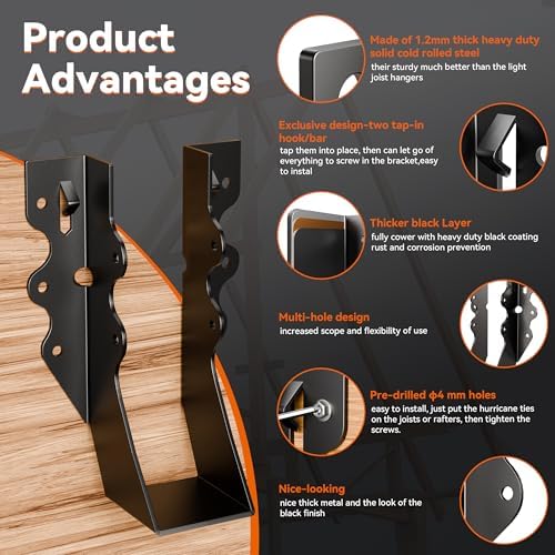 black 2x6 joist hangers for wood, 18 gauge shown in use