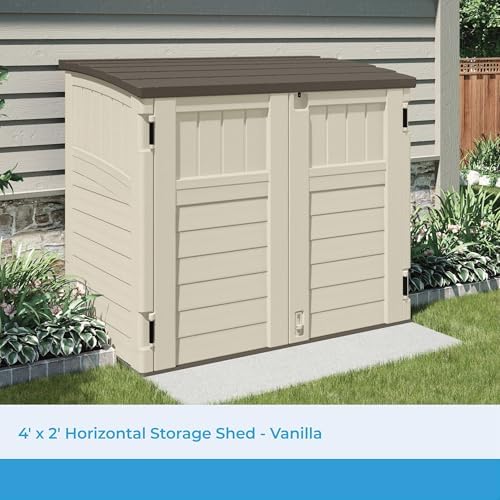 suncast 34 cu ft capacity horizontal outdoor storage shown in use