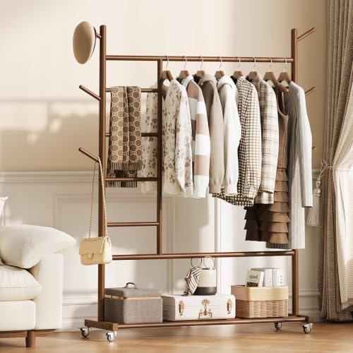 yoobure solid wood clothing rack, 4-in-1 wooden clothes shown in use