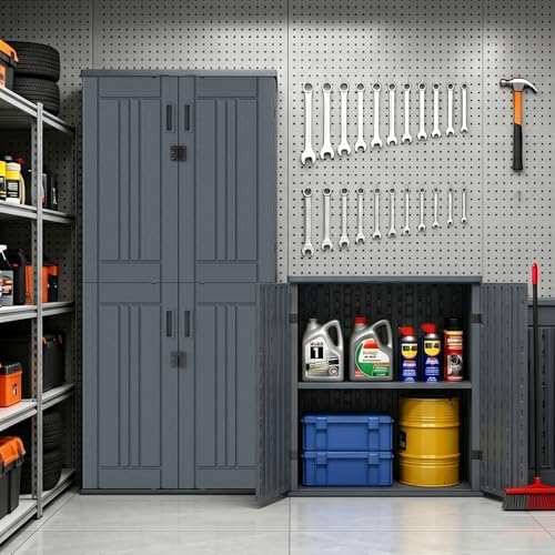 outdoor storage cabinet with 2 shelves, waterproof resin, package contents
