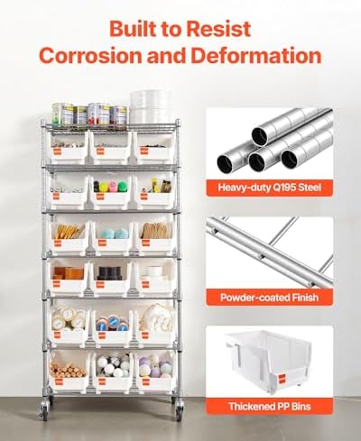vevor 7-tier rolling bin storage rack, 18 organizer, front angle view
