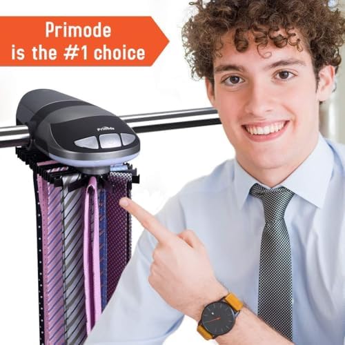 motorized tie rack closet organizer, holds & displays, side view