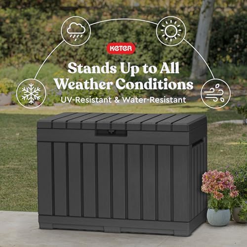 keter kentwood 50 gal outdoor storage box and showing dimensions