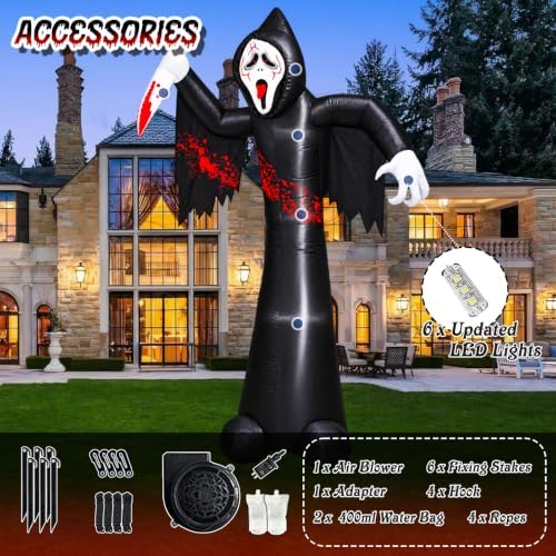 12FT Halloween Inflatable Decorations, Grim Reaper Ghost with Knife, 6 LED Li...
