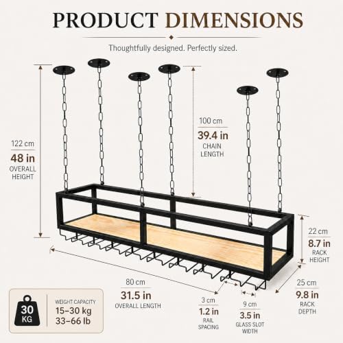 ceiling wine glass rack with glass holder, 31.4in shown in use