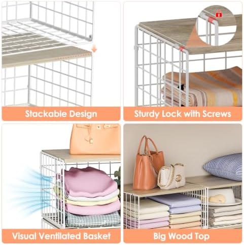 hencawima 4 pack stackable closet storage shelf organizer showing dimensions
