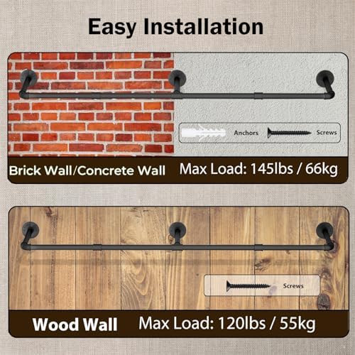 wall mounted clothes rack, 60in industrial pipe clothing, close-up detail