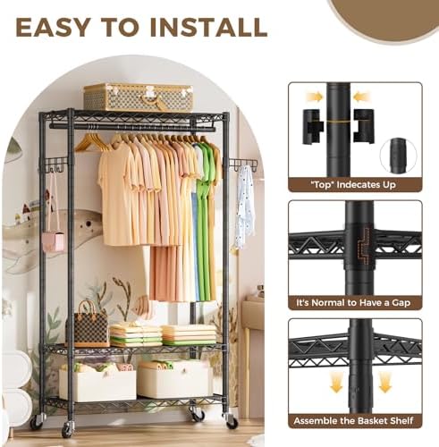 golpart heavy duty rolling clothes rack wheels portable showing dimensions
