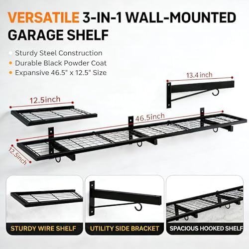 garage wall shelving, 46" x 12" floating shelf, side view