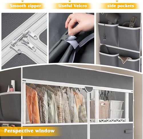 raybee clothes rack with cover, rolling portable closet, close-up detail