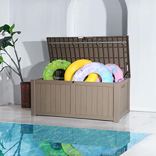 vevor deck box, 120 gallon outdoor storage box, front angle view