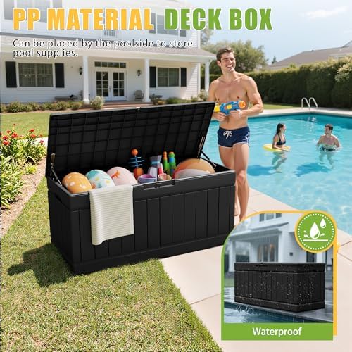 greesum outdoor storage box 82 gallon storage bin shown in use