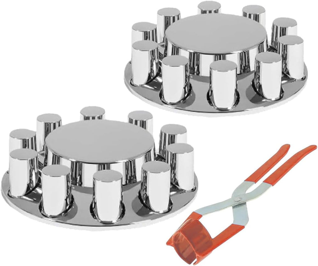 33mm Chrome ABS Flat Top Axle Cover Complete Set with Removable Hubcaps and Screw-on Plastic Lug Nut Covers for Semi Trucks (2 Front)