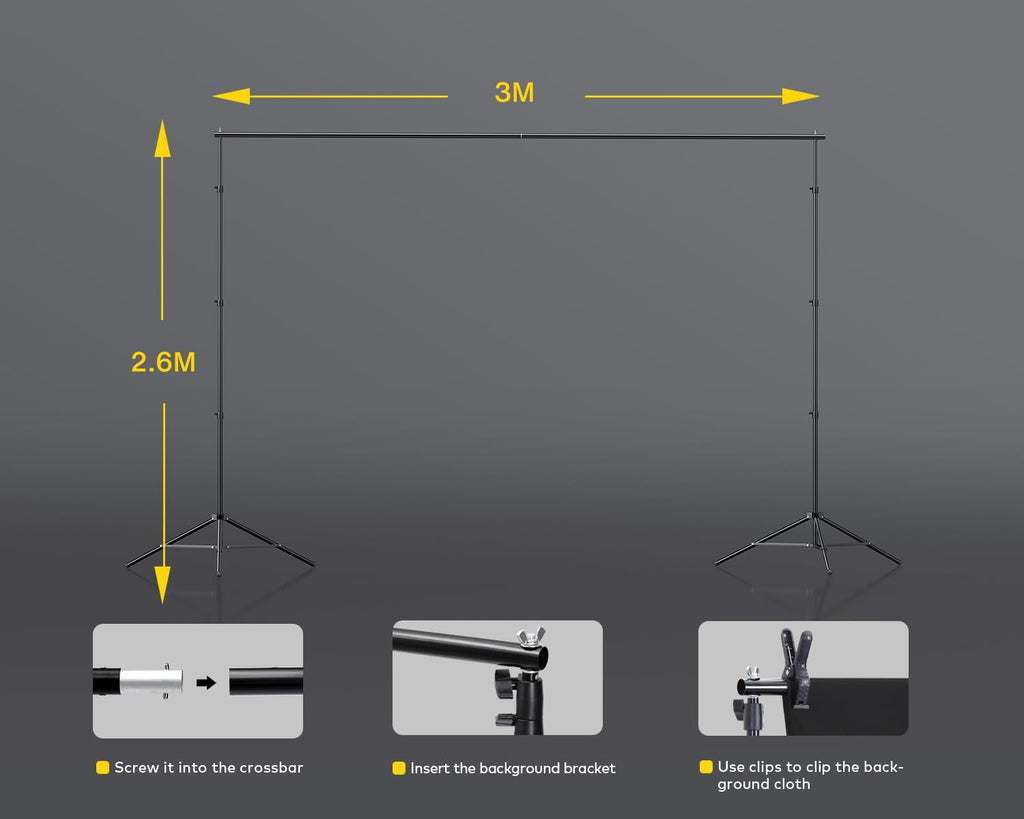 raleno photography lighting kit, 8.5x10ft backdrop stands with showing dimensions
