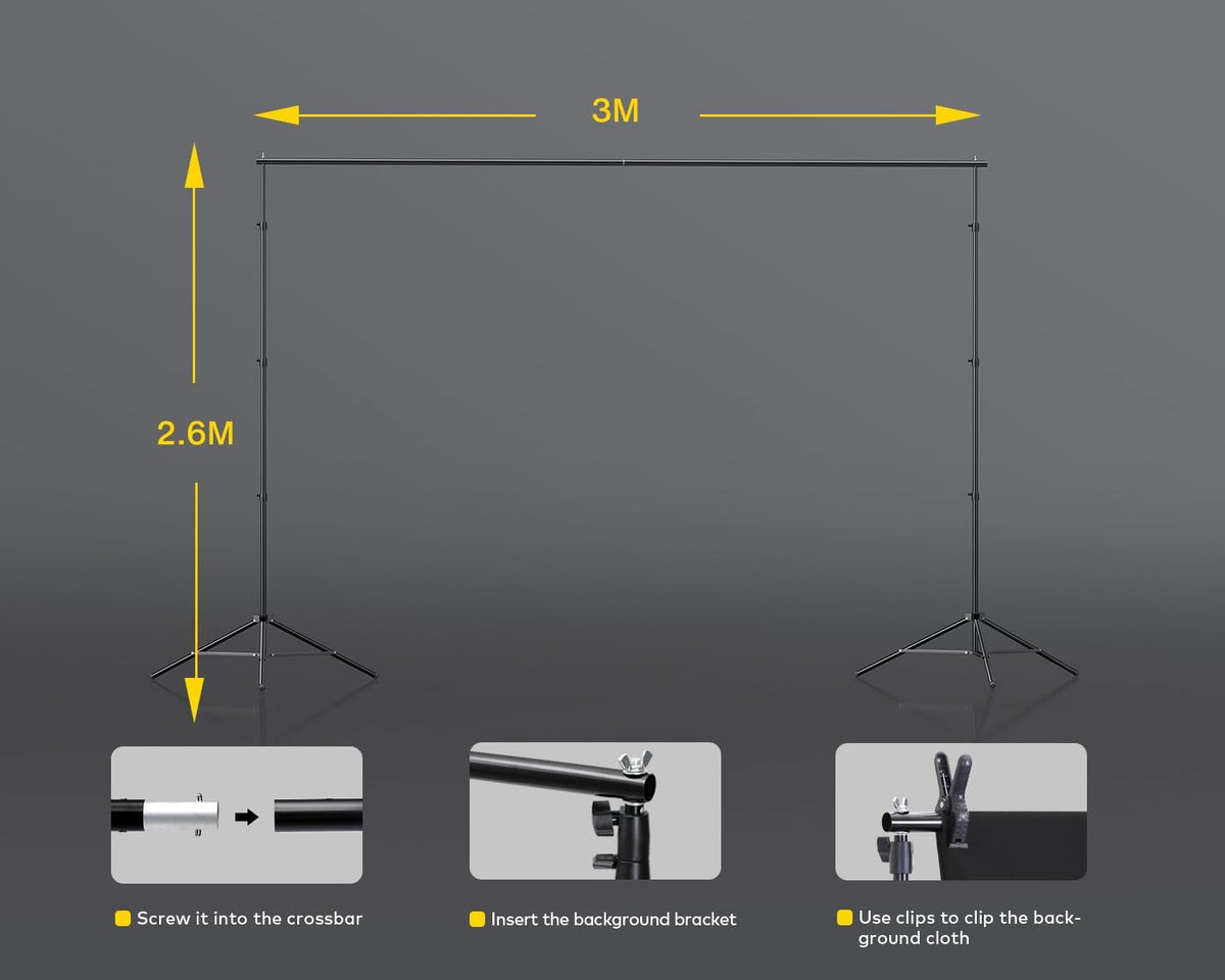 raleno photography lighting kit, 8.5x10ft backdrop stands with showing dimensions