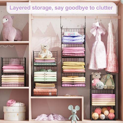 6 tier hanging closet organizers and storage stackable on a desk or shelf
