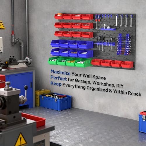 workpro 44pcs wall mounted storage bins for garage shown in use