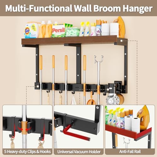 broom and mop organizer wall hanging, broom hanger shown in use