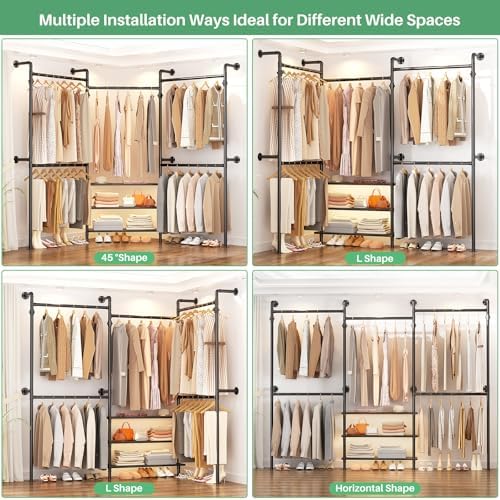 aheaplus expandable industrial pipe clothing rack, 7.3-10.9ft closet, side view