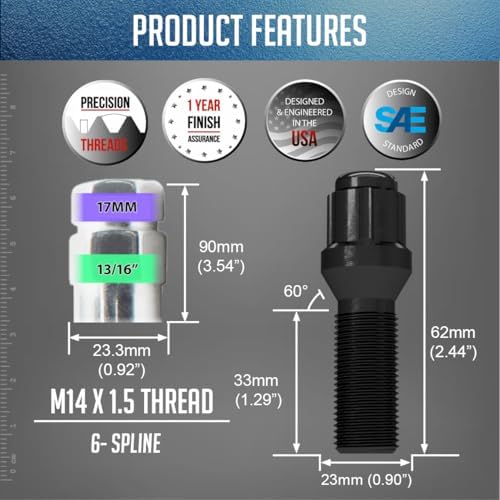 Wheel Accessories Parts 20 Pcs M14 x 1.50 Thread Acorn Seat Spline Lug Bolt Black Finish 33mm Shank Length Car Spline fits Land Rover Range Rover ｜ Volvo S60 S90 XC40 XC60 XC70 XC90 ｜ Older BMW