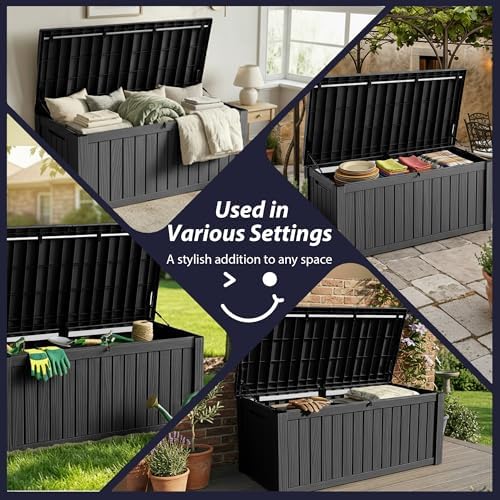 180 gallon resin deck box, outdoor storage box on a desk or shelf