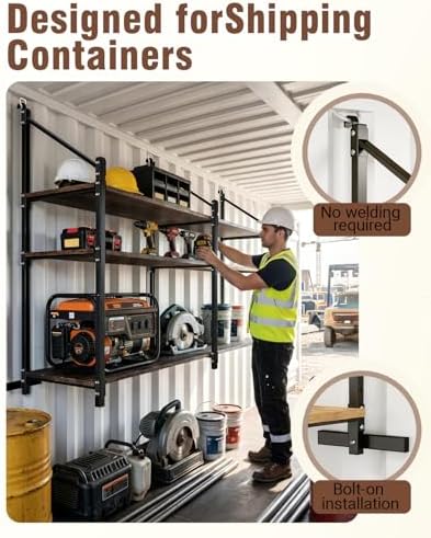 shipping container shelving brackets, d-ring mount, 3-tier, 4-pack, side view