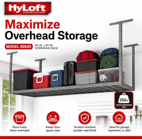 hyloft overhead steel garage storage system, ceiling rack, close-up detail