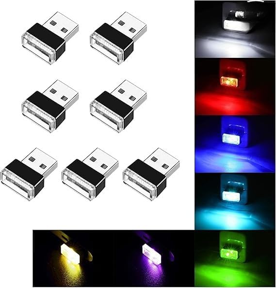 USB LED Car Interior Atmosphere Lamp, Portable Mini LED Night Light, Plug-in USB Interface Trunk Ambient Lighting Kit, Universal Interior Accessories for Most Vehicles (7PCS,Multicolour)