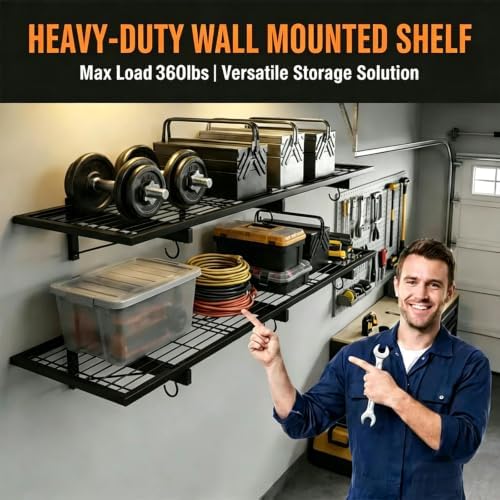 garage wall shelving, 46" × 12" wall mounted on a desk or shelf