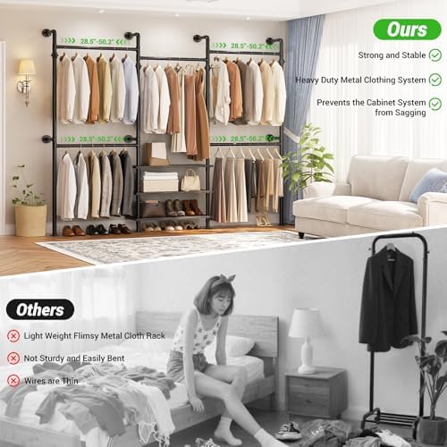 aheaplus expandable industrial pipe clothing rack, 7.3-10.9ft closet showing dimensions
