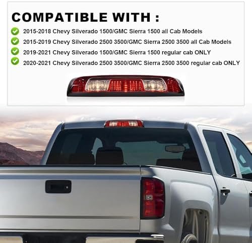 GRAND ORANGE Third Brake Compatible with Chevy Silverado GMC Sierra 1500 2500 3500 2015-2021 High Mount Stop Light Cargo Lamp 84900397,2350916 Red Lens
