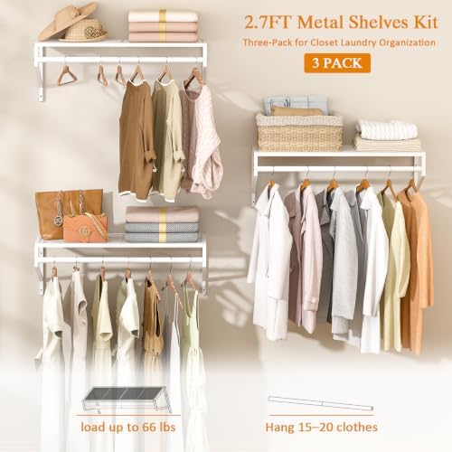 threehio 3 pack closet shelves wall mounted, 2.7 showing dimensions