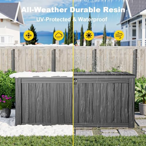180 gallon resin deck box, outdoor storage box showing dimensions