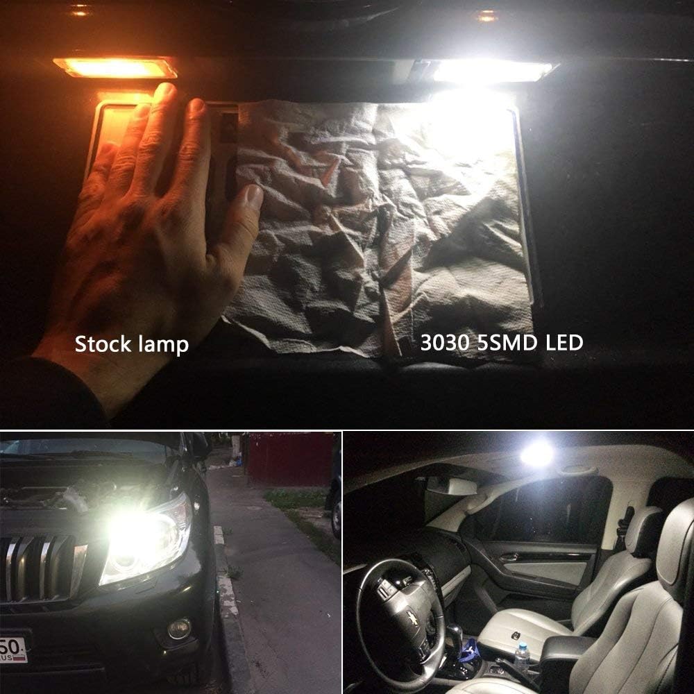 PHINLION 500LM Super Bright 3030 5-SMD 12V 24V BA9 BA9S 53 57 1889 1891 1895 64111 T4W LED Car Light Bulb for Interior Map Reading Dome Glove Box Instrument Panel Lights, 6000K Xenon White