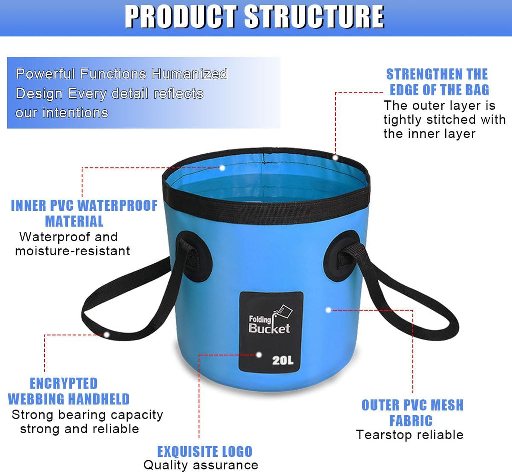 Collapsible Bucket with Handle, 5 Gallon 20L Multifunctional Foldable Water Container, Portable Waterproof Wash Basin for Fishing Camping Hiking Garden Car Washing (Blue)