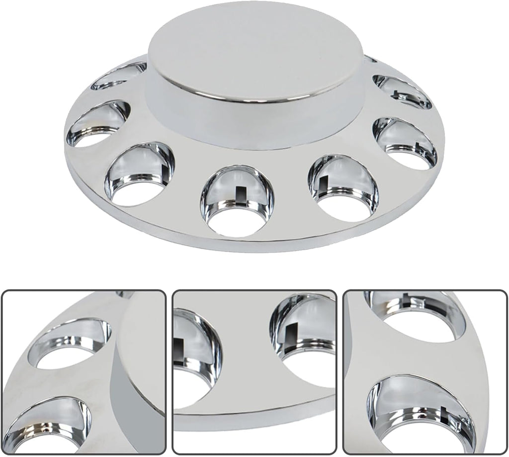 33mm Chrome ABS Flat Top Axle Cover Complete Set with Removable Hubcaps and Screw-on Plastic Lug Nut Covers for Semi Trucks (2 Front)