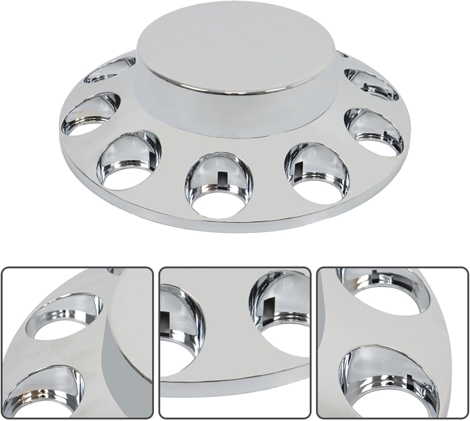 33mm Chrome ABS Flat Top Axle Cover Complete Set with Removable Hubcaps and Screw-on Plastic Lug Nut Covers for Semi Trucks (2 Front)
