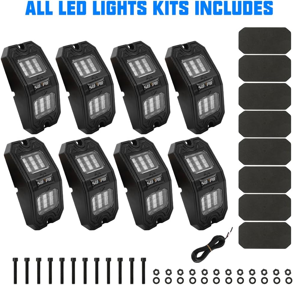 SUNPIE 8 Pods Quick Connect Blue Rock Lights, 18 Wide Angle Chips, 4M Extension Wires Each Light, Mounting Pads, IP67 Waterproof, Fits for Trucks Trailer SUV ATV UTV