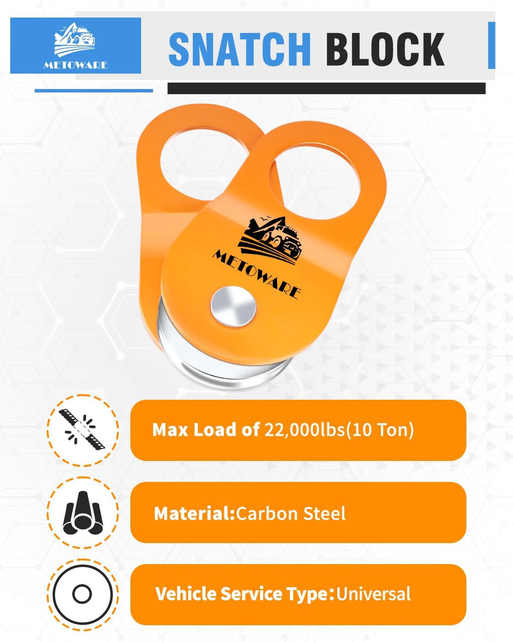METOWARE Offroad Recovery Kit - 10 Ton Heavy Duty Winch Snatch Block Pulley, 3" x8' Tree Saver Strap and 2pk 3/4" D Ring Shackles