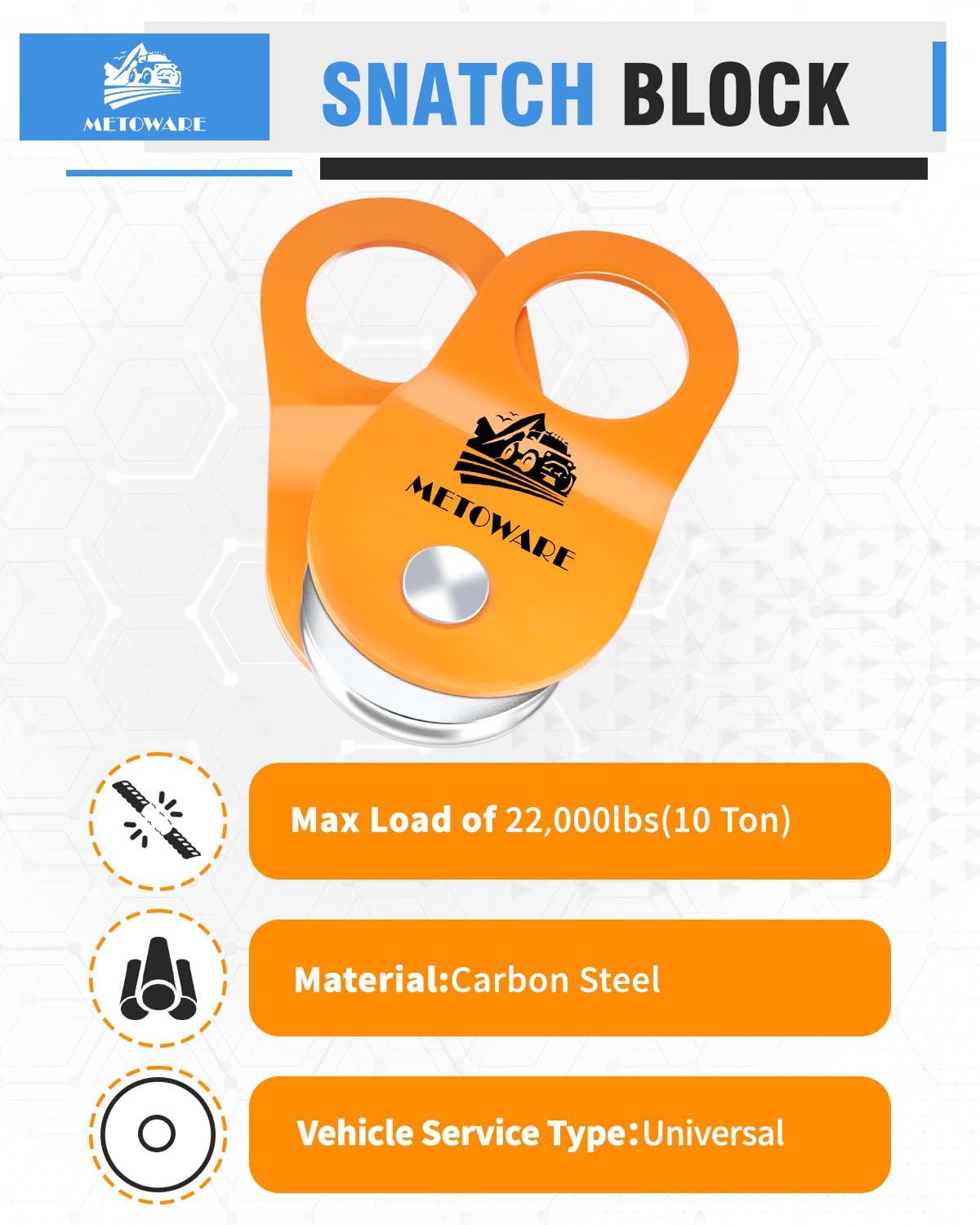 METOWARE Offroad Recovery Kit - 10 Ton Heavy Duty Winch Snatch Block Pulley, 3" x8' Tree Saver Strap and 2pk 3/4" D Ring Shackles