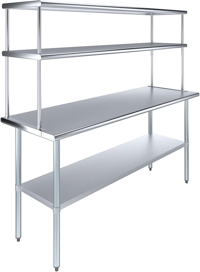 Amgood Stainless Steel Work Table Double Tier Overshelf | Metal Kitchen Prep by AmGood