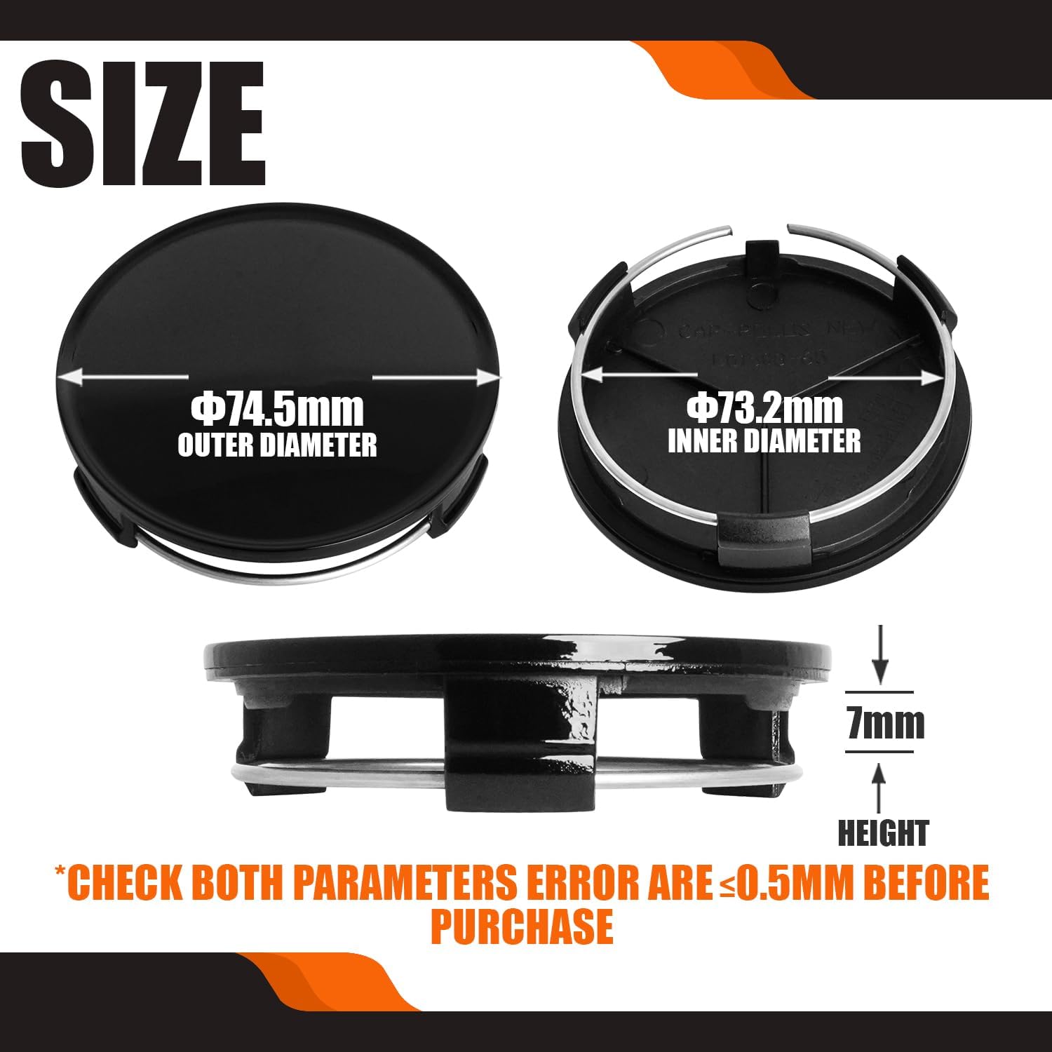 2.9Inch 75MM Wheel Center Caps, Pack of 4 (Gloss Black, Outer 75MM, Inner 73MM, Easy DIY Installation)