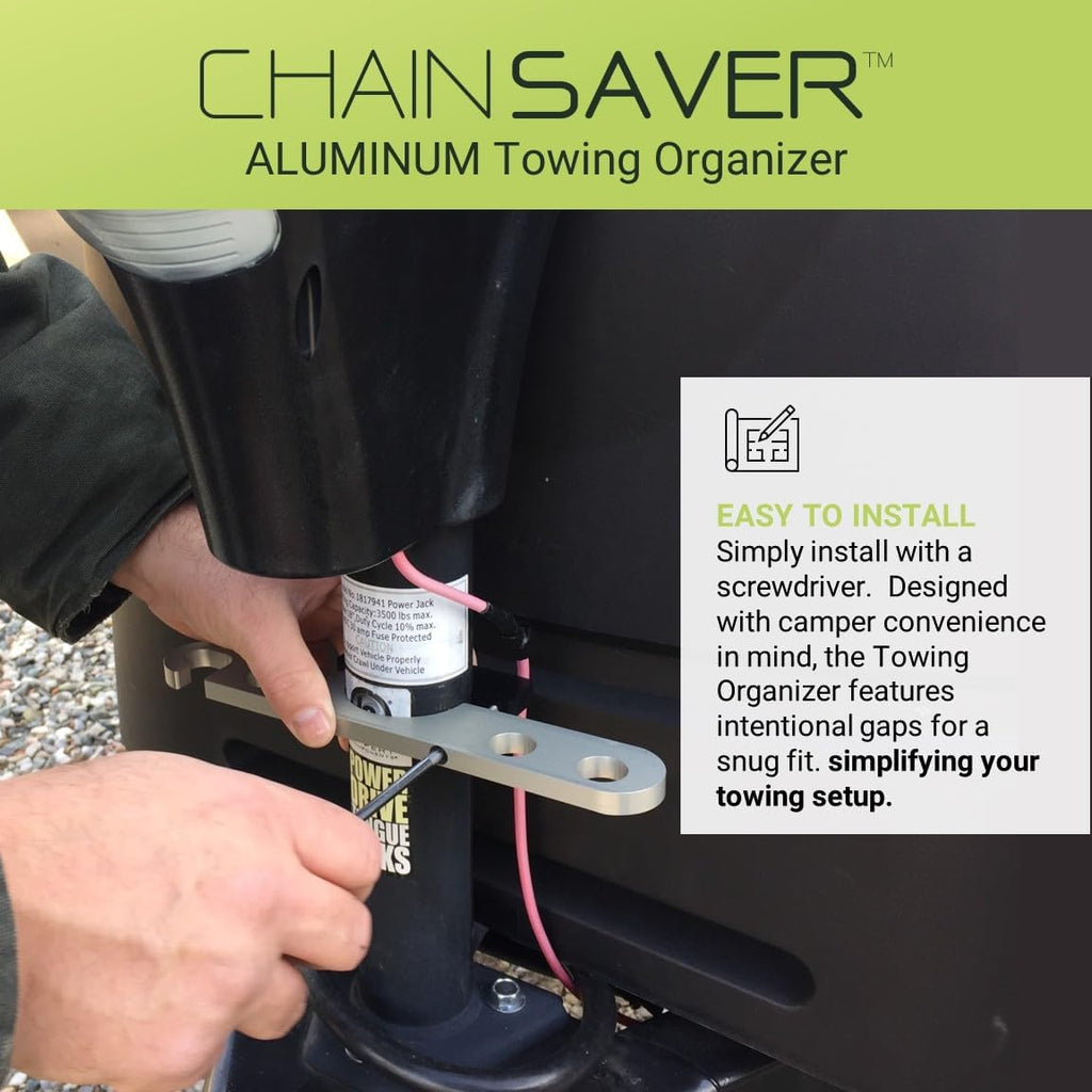 GR Innovations Chain Saver with PlugSaver and Tether | Black Anodized Aluminum Tongue Jack Trailer Towing Organizer Kit | Essential RV Accessory | Easy Chain & Harness Storage | Made in USA