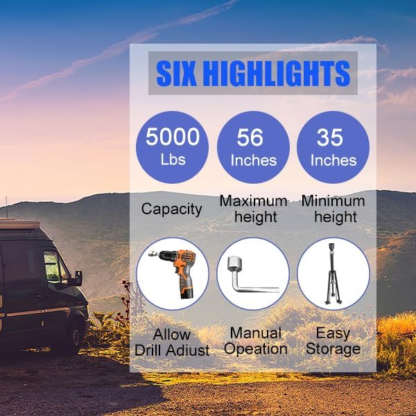 King Pin Tripod Stabilizer Jack for 5th Wheel Trailer Rv, (Allow Drill Adjust), 5000lb Load Capacity & Adjustable Height from 35" to 56"（Patented