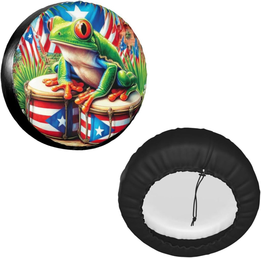Puerto Rico Flag Frog Spare Tire Cover,15 inch,Cute Flag Tire Covers Waterproof Polyester Wheel Protector Universal for Rv Suvs Camper Trucks Travel Trailers Outdoor