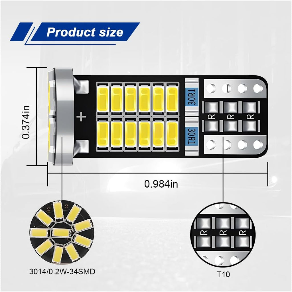 10PCS 194 LED Light Bulb, T10 168 W5W 2825 LED Reading Bulb with 24-SMD 3014 Chipsets, Bright 6000K Car License Plate Lamp Bulbs for Car Interior Dome/Courtesy/Trunk Light (White)