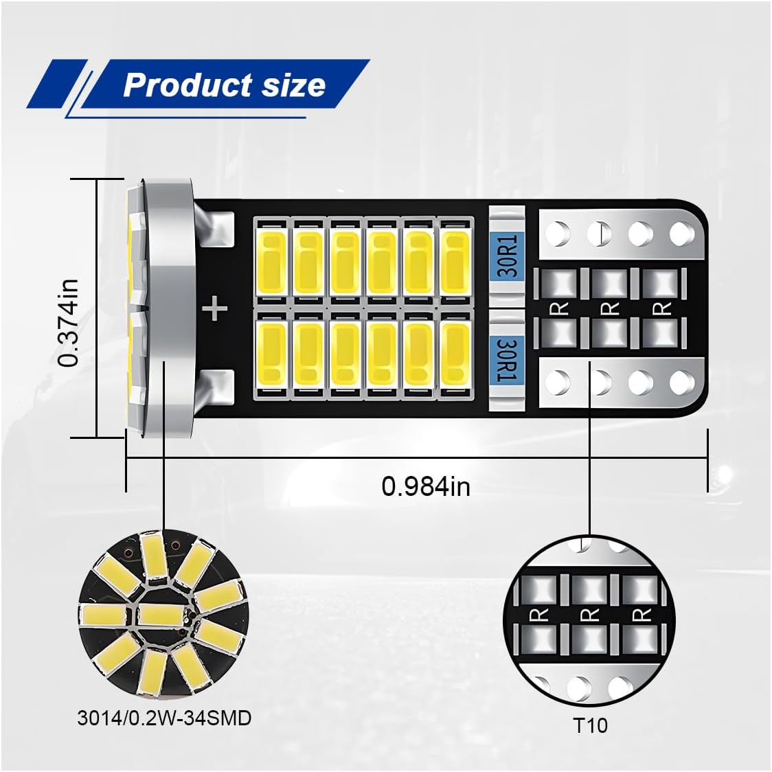 10PCS 194 LED Light Bulb, T10 168 W5W 2825 LED Reading Bulb with 24-SMD 3014 Chipsets, Bright 6000K Car License Plate Lamp Bulbs for Car Interior Dome/Courtesy/Trunk Light (White)