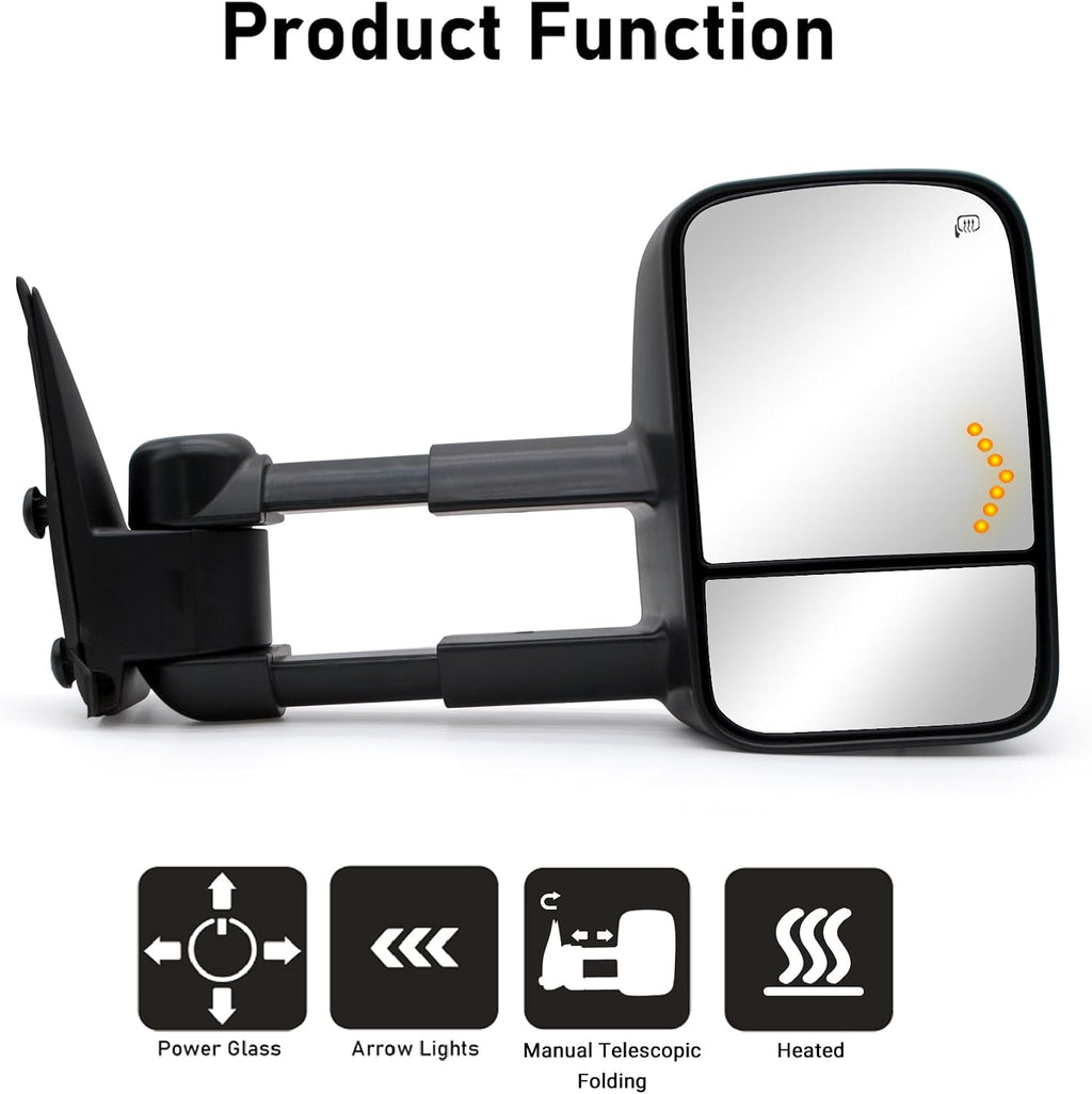 NEYASU Power Heated Pair Towing Mirrors fit for 1999 2000 2001 2002 Chevy Silverado GMC Sierra 1500 2500 3500 Yukon XL Tahoe Denali Avalanche Suburban Arrow Light Manual Telescopic LH RH