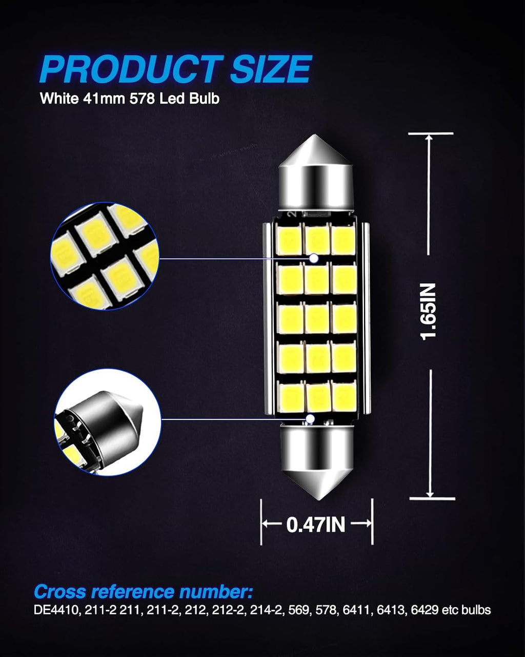 Marsauto 578 LED Bulbs Extremely Bright 400LM 2835 Chipsets for LED Interior Dome Map Door Lights Bulbs 211-2 212-2 569 6411 6451 41mm 42mm 1.65inch 6500K White RV Exterior Lighting (Pack of 4)